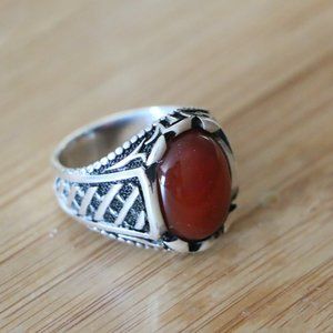 925 Sterling Silver Men's Ring Natural Red Agate